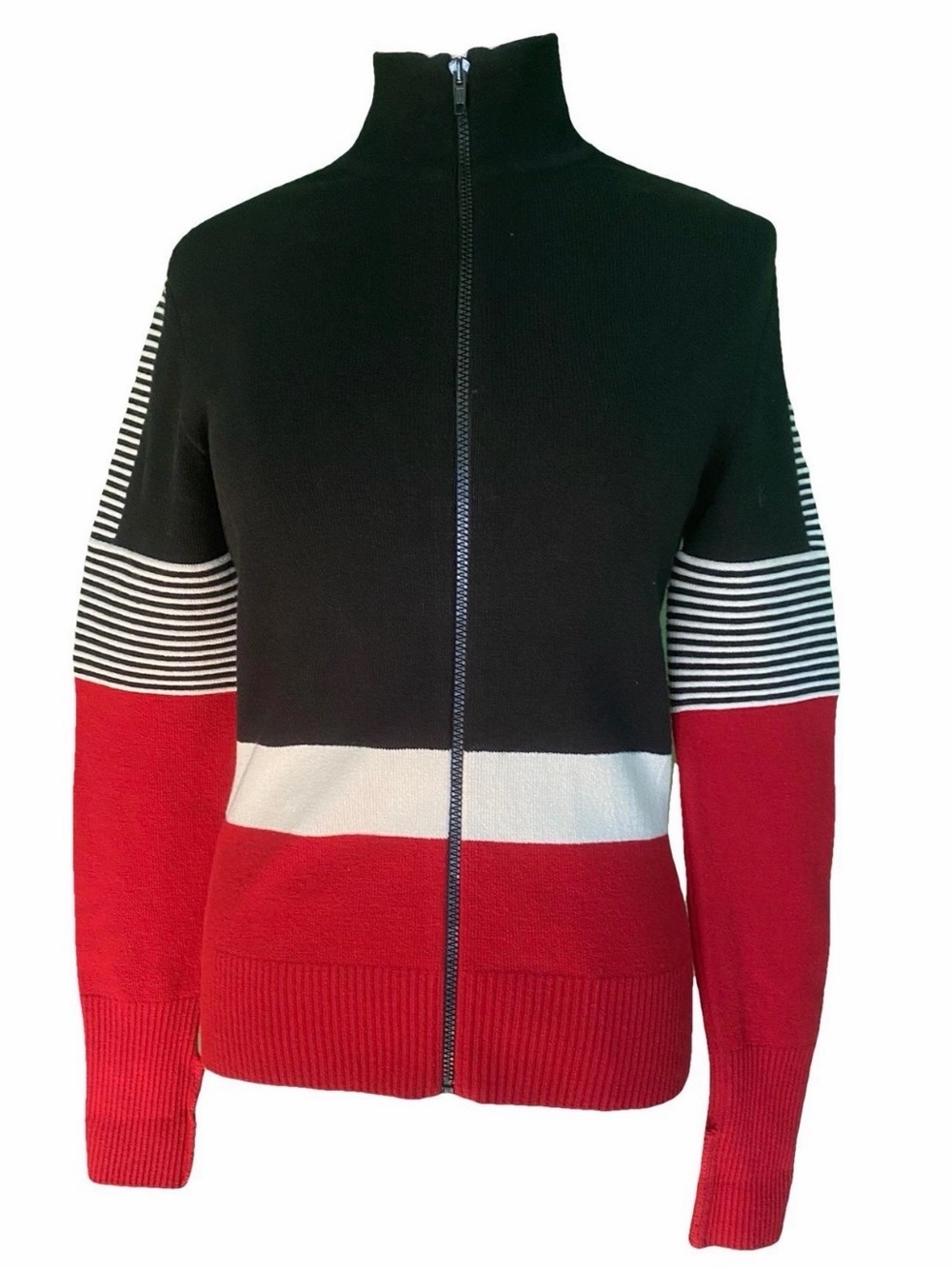 Moschino Cheap & Chic Women’s Black, Red & White Wool Zip-Up Sweater